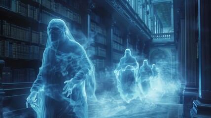 Ghostly librarians organizing an invisible book collection