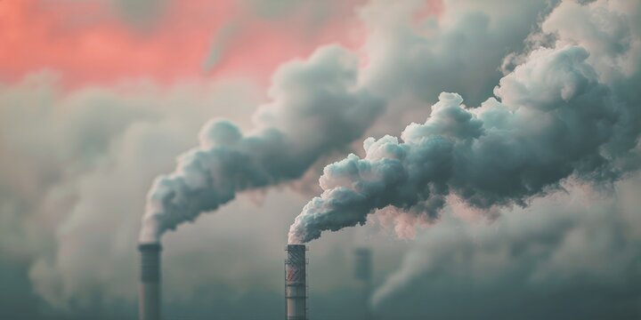 Environmental impact of industrial emissions with dark smoke plumes against the sky