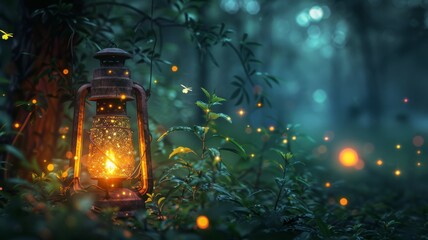 Lantern glow merging with fireflies at dusk in the woods - obrazy, fototapety, plakaty