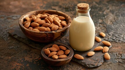 Organic almond milk in glass bottle with raw almonds on stone table in kitchen setting