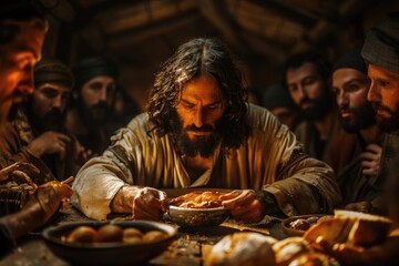 Jesus breaking bread at the last supper, foretelling his sacrifice for humanity - obrazy, fototapety, plakaty