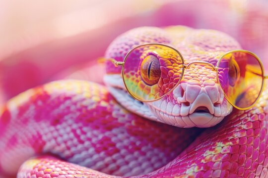 Python snake with yellow glasses, pink scales. Stylish pink snake with Trendy Sunglasses