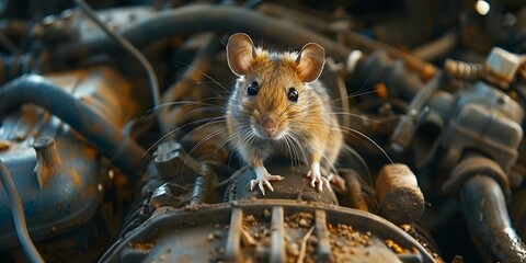 Damage caused by rat in car engine. Concept Rat Infestation, Car Engine Damage, Rodent Control, Vehicle Maintenance - obrazy, fototapety, plakaty