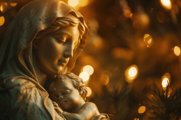 Virgin Mary cradling baby Jesus, starlit night, tender glow, closeup, pure love ambiance