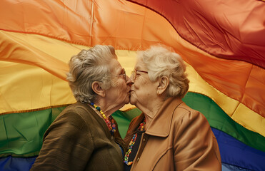 Two senior lesbian woman kissing with LGTBIQ flag in background