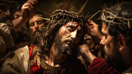 Jesus being crowned with thorns, a portrayal of suffering and humility - obrazy, fototapety, plakaty