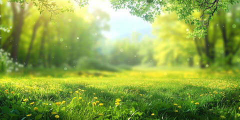  Spring field with fresh nature. Green spring meadows with blurred forest in the background.A beautiful spring summer meadow. Natural colorful panoramic landscape with many wild flowers of daisies