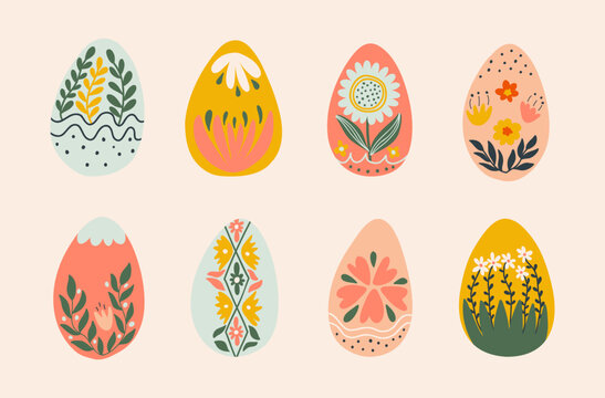 Easter eggs with flowers set. Cartoon Illustration for an egg hunt.