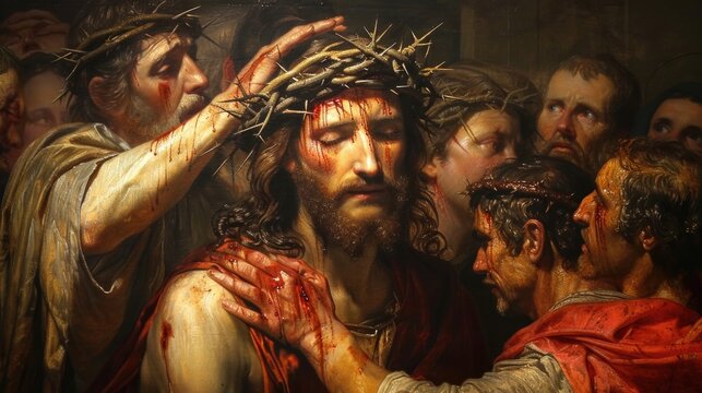 Jesus being crowned with thorns, a portrayal of suffering and humility