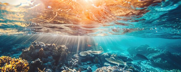 The beautiful underwater view of the sea is radiated by sunlight with clear sea water, fish and coral reefs - obrazy, fototapety, plakaty