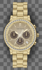 Realistic clock chronograph watch for men golden diamond on checkered background luxury vector - 768906168
