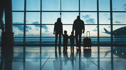 Silhouette family adventure: exploring the airport terminal together in warm glow