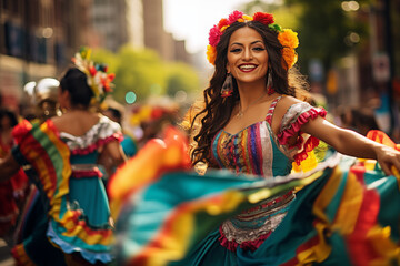 The festive spirit of Cinco de Mayo in a lively street parade, with vibrant floats, traditional...