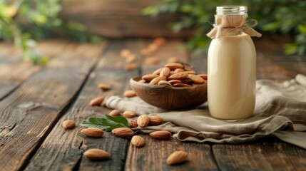 Fototapeta na wymiar Organic almond milk in glass bottle with raw almonds in kitchen setting for cooking