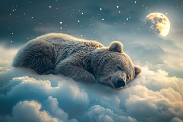 Bear dozing off on a fluffy cloud, sky and moon in soft focus, tranquil scene ultra HD - obrazy, fototapety, plakaty