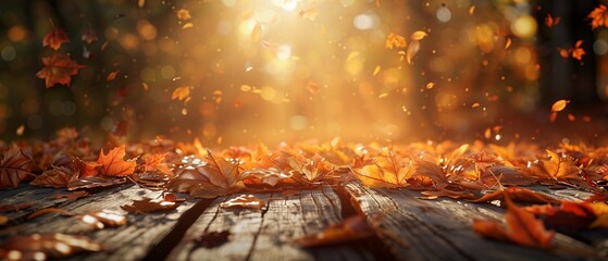 Wooden table glowing in autumn sunlight, leaves in soft focus, warmth captured, closeup realistic