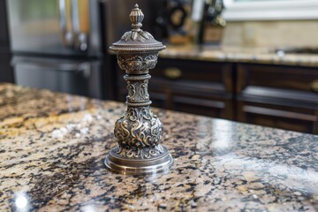 ornate metal salt mill on a granite countertop