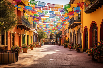 Fototapeta na wymiar Embrace the joyous energy of Cinco de Mayo, a bustling town square, surrounded by vibrant papel picado banners and festive decorations 