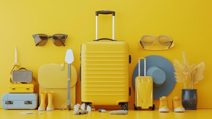 Vibrant travel essentials: flat lay of yellow suitcase & accessories on sunny background - 3d render