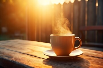 A steaming cup of coffee on a wooden table in the morning sunlight - obrazy, fototapety, plakaty