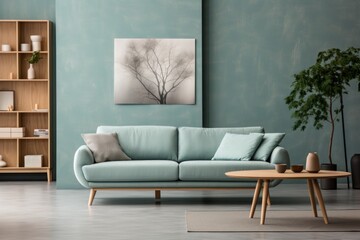 Blue living room interior with a tree art print
