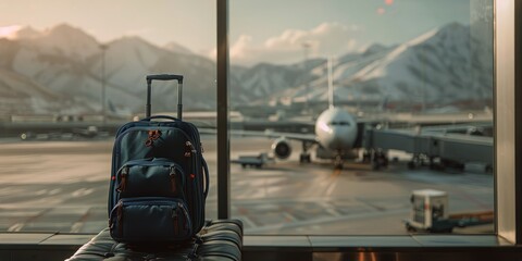Lone blue suitcase and backpack waiting at airport with runway view