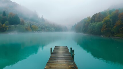 Foggy day serenity: stunning turquoise lake view from wooden quay amidst misty mountain landscape - obrazy, fototapety, plakaty
