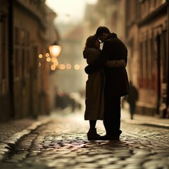 couple deeply enamored, stand close on a quaint street, their love evident in the way they hold each other. 