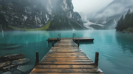 Foggy day serenity: stunning turquoise lake view from wooden quay amidst misty mountain landscape