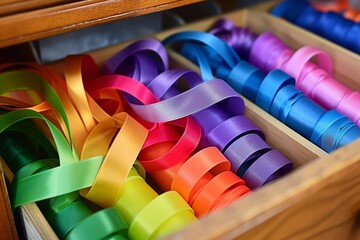 rainbow of ribbons coiled in sewing drawer
