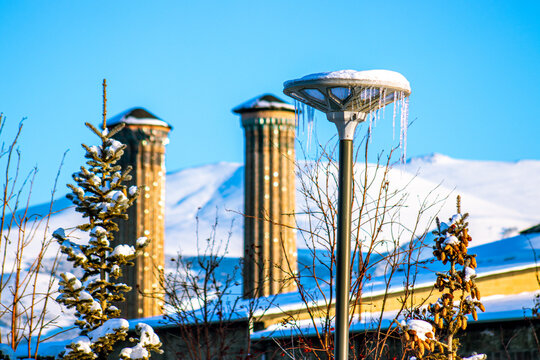 Double Minaret Madrasah or Cifte Minareli Medrese is an architectural monument , winter Landscape Erzurum Turkey.