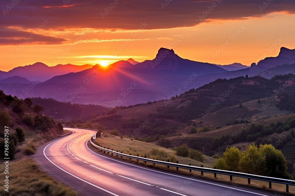 Canvas Prints Curving Road Through Mountainous Landscape at Sunset