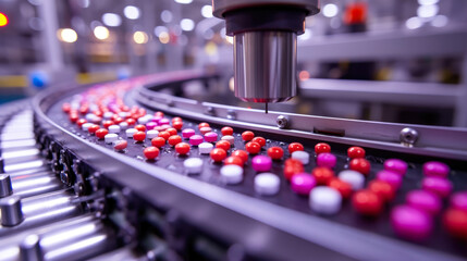 Industrial Pharmacy: Tablets Advancing to Blister Packing Station - obrazy, fototapety, plakaty