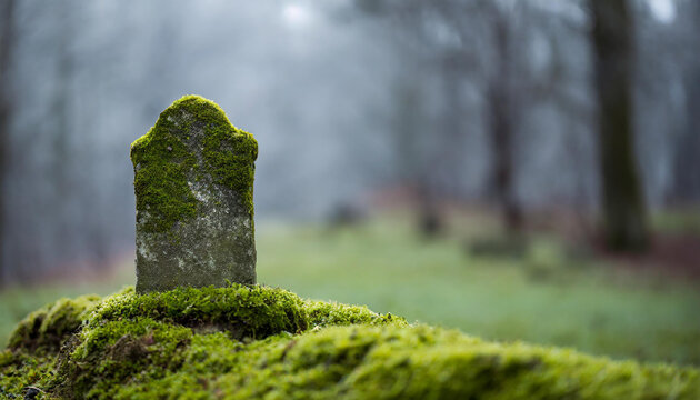 Ancient grave stone in misty forest, green moss. Dark tones. Natural landscape.