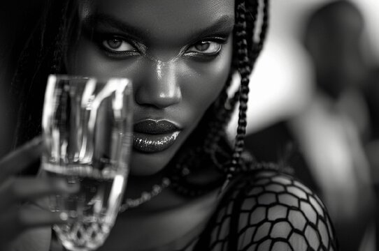 Stunning photos of a multiracial girl with unique gray eyes, dressed in fine mesh and rough leather, drinking champagne, with a frame of a defocused man in Noir style