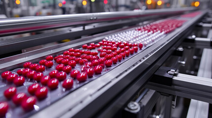 Precision Packaging: Pills on Conveyor Belt - obrazy, fototapety, plakaty
