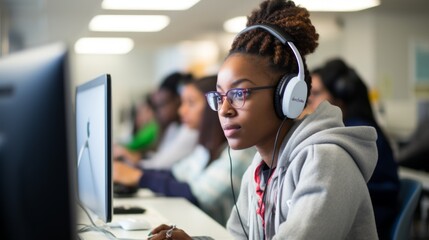 Black female student wearing headphones and glasses using a computer in a classroom