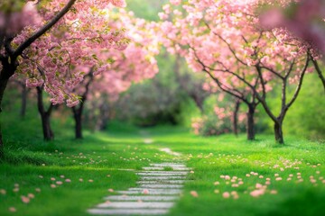 Blossoming pink cherry trees on a path - obrazy, fototapety, plakaty
