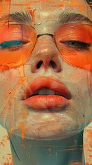 A surreal portrait of a woman's face with an orange glitch art effect, combining digital and human elements in harmony.