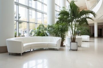 White leather sofas in a large, bright hospital atrium