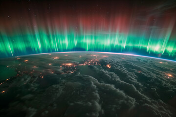 Northern lights aurora borealis over the planet.