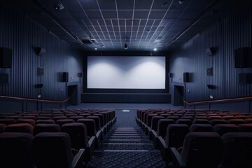Modern Cinema Hall with Blue Lighting and Maroon Seats - obrazy, fototapety, plakaty