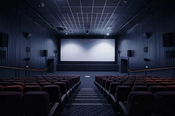 Deurstickers Modern Cinema Hall with Blue Lighting and Maroon Seats © Atthasit