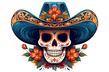 Fototapeta premium illustration of a Mexican skull wearing a sombrero hat isolate on clean white transparent background