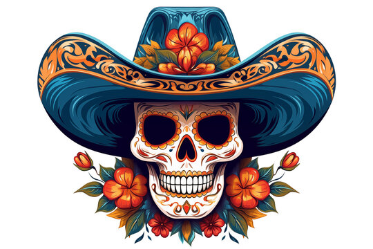 recommend clip art: illustration of a Mexican skull wearing a sombrero hat isolate on clean white transparent background