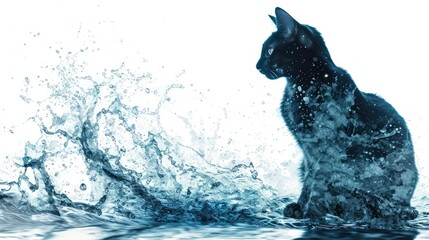 cat silhouette in double expossure of ocean waves, isolated on clean white background