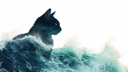 cat silhouette in double expossure of ocean waves, isolated on clean white background