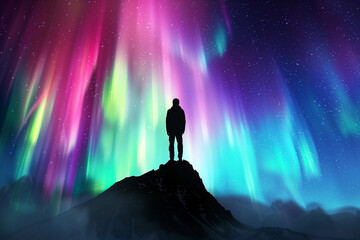 Aurora borealis with silhouette standing man on the mountain. Freedom traveler journey concept. - obrazy, fototapety, plakaty