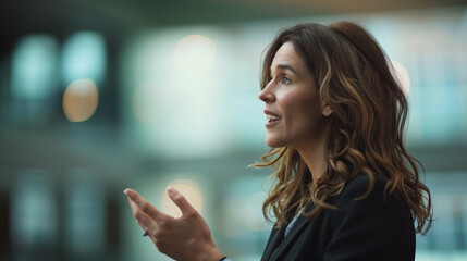 A beautiful business woman with brown hair is speaking and gesturing, talking to her team, blurred office background, corporate communication or presentation. - obrazy, fototapety, plakaty