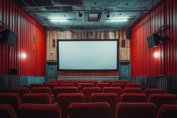 Vintage Cinema Hall with Red Panel Walls and Screen
